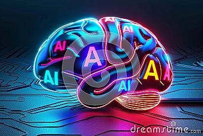 AI brain with neon circuits and digital nodes, representing advanced technology and artificial intelligence Stock Photo