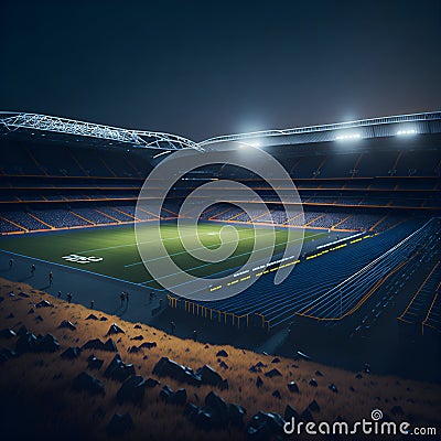 Ai generated a brightly lit soccer stadium at night, devoid of any spectators Stock Photo