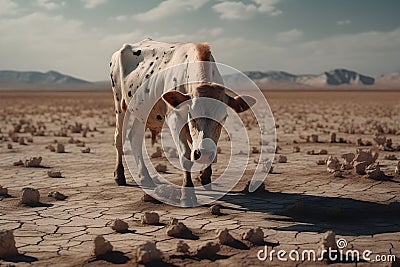AI generated brown and white cow standing in an arid field Stock Photo