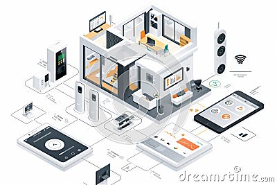 Advanced surveillance systems integrate security cameras to provide robust monitoring and safeguarding. Cartoon Illustration