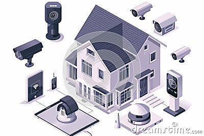 Manage industrial security operations using automated home lighting, integrating temperature alarms and surveillance for effective Cartoon Illustration