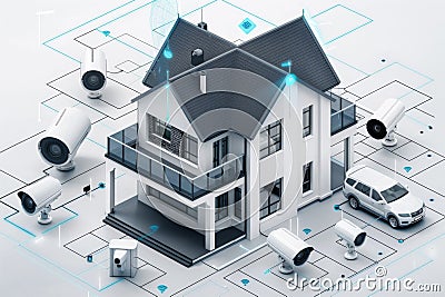 CCTV systems deploy high-tech detection technology for family security, integrating cameras with high-speed Wi-Fi for active prope Cartoon Illustration