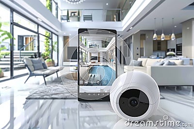 Monitored home security with automated alarm systems, smart camera setups, protective network measures, high-definition visual dat Cartoon Illustration