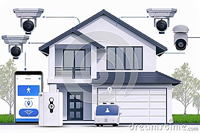 Smart safety hubs in private homes utilize security concepts with detection systems, integrating cameras and alarm networks for pr Cartoon Illustration