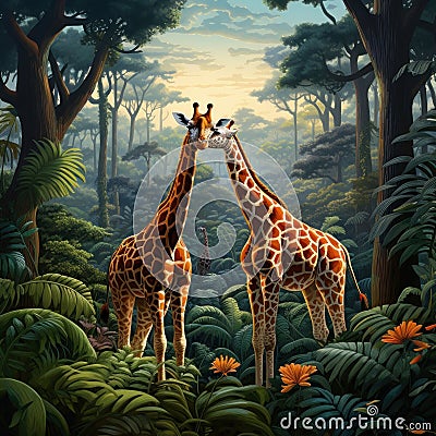 group of giraffes gracefully moving through a dense African forest during their migratory journey by AI generated Stock Photo