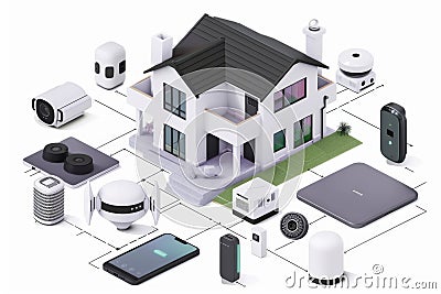Security monitoring with depth of field in smart camera systems ensures privacy, protective alerts, and network safeguard interfac Cartoon Illustration
