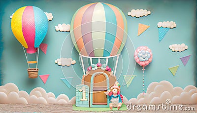 Whimsical Hot Air Balloon Cake Smash Backdrop, Made with Generative AI Stock Photo