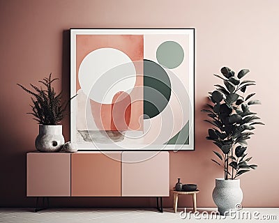 AI generated a chest of drawers with minimalist decoration and a modern style painting leaning on it. Stock Photo