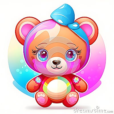 Illustration for a children's story book of a cute little bear with flowers and round ears. Ai generated. Cartoon Illustration