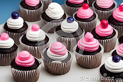 AI-generated chocolate cupcakes decorated with colored cream Stock Photo