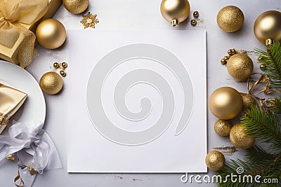 AI generated Christmas mockup: a table with New Year's holiday attributes with a white sheet of paper. Cartoon Illustration