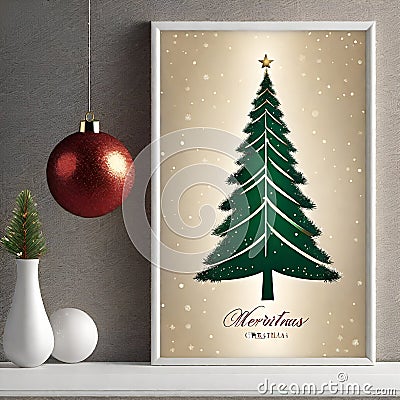 AI generated Christmas Tree glittering with a star at the top, a hanging red ball and white flower vases Stock Photo