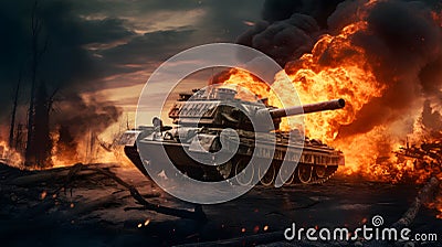 AI-Generated Cinematic HD 16K: Fictive Design Camo Army Tank Engaged in Intense Warfare Stock Photo