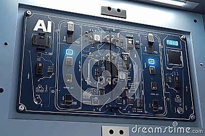 Close up of AI circuit board in detailed high tech environment highlighting intricate electronic components, innovation, engine Stock Photo
