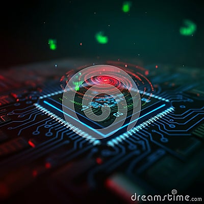 AI-Generated Close-Up of Computer Chip with Glowing Borders and Futuristic Elements Stock Photo