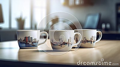 AI generated, close up of a group of used coffee cups on a table with an office in the background. Concept of taking a break Stock Photo