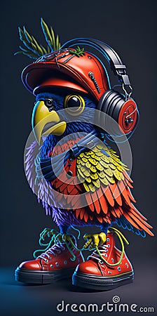 Ai generated a colorful bird with headphones and a hat Stock Photo