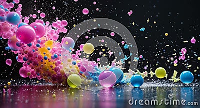 Colorful spheres exploding and creating abstract design on dark background Stock Photo