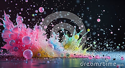 Colorful spheres exploding and creating abstract design on dark background. Stock Photo