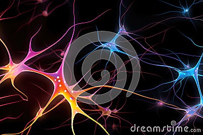 Neuronal learning, 3d neurons, neural brain cognitive abilities, Neurons in the brain fire in synchrony, deep concentration focus Stock Photo