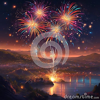 AI generated colourful fireworks adorning the night skies in a town Stock Photo