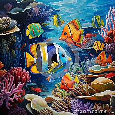artwork capturing the swift movements of a school of tropical fish in a coral reef by AI generated Stock Photo