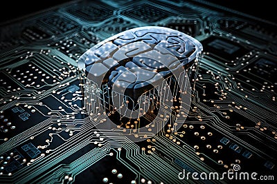 AI generated computer circuit board with a brain-shaped component Stock Photo