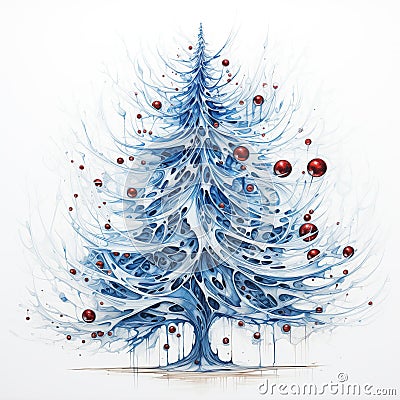 Conceptual Fine Line Art Drawing Blue White Christmas Tree Stock Photo