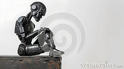 AI-generated contemplative robot sitting in solitude. Futuristic mechanical being in deep thought. Modern technology and Stock Photo