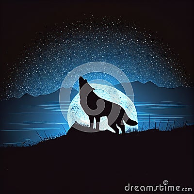 Silhouette of Coyote Howling at the Moon, Made with Generative AI Stock Photo