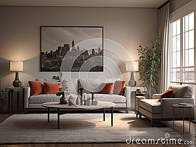 AI generated cozy living room interior featuring beige walls and flooring with comfortable furniture Stock Photo