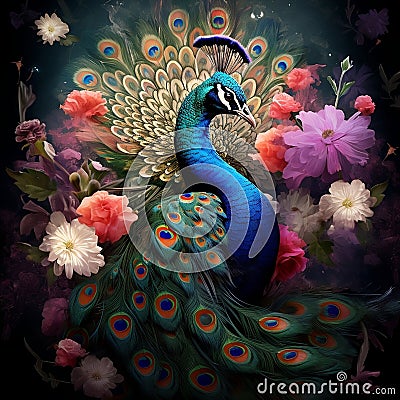 Create a visually striking image of a resplendent peacock displaying its magnificent plumage in full bloom by AI generated Stock Photo
