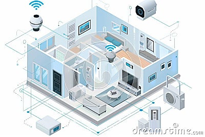 Home security is guaranteed with technology that uses cameras to observe, monitor entries, and detect sound disturbances. Cartoon Illustration