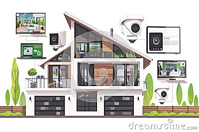 Smart security cameras utilize modern technology for watchful and secure network monitoring with remote authentication. Cartoon Illustration
