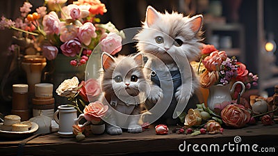 AI-Generated: Cute Little Kittens Dressed as Florists in Rustic Setting with Flowers and Candles Cartoon Illustration