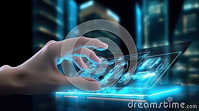 Businessman pointing tablet pc against network hologram over big data background. AI generated 3D image Stock Photo