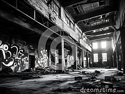 AI generated damaged abandoned building in black and white Stock Photo