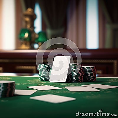 Ai generated. Deck of Playing cards mockup of playing cards on green casino table. Playing card with poker chips Cartoon Illustration