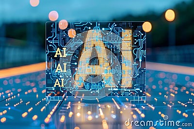 Digital AI symbol with layers of circuit patterns and glowing elements, highlighting the intersection of technology and artific Stock Photo