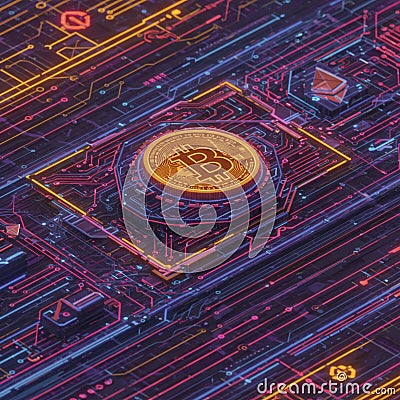AI Generated Digital Art with Gold Bitcoin and Illuminated Circuit Patterns Cartoon Illustration
