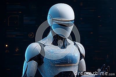 AI generated digital artwork of a humanoid robot with glowing circuit lines and holographic data projections representing advanced Stock Photo