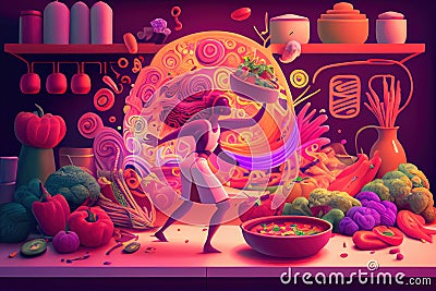 Vibrant Chef in Action, Preparing Nutritious Meal, Made with Generative AI Cartoon Illustration