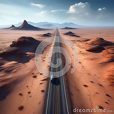 ai generated a drone view of a long road crossing a desert area and disappearing into the horizon Stock Photo