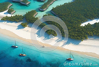 AI generated drone view of yachts on the shores of blue, turquoise sea with white sand beaches and islands full of green forests Stock Photo