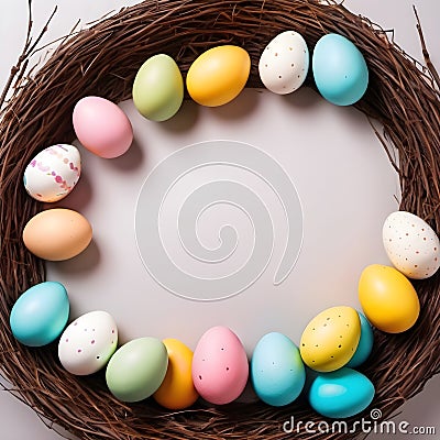 AI generated. Easter nest like background round circle with colorful eggs, nest and free space for text. Stock Photo