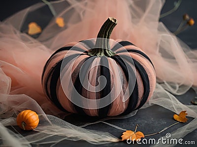 Elegant aesthetic composition of autumn pumpkin decorated with tulle Pastel pink, black and peach apricot color Fall Stock Photo