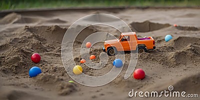 The empty sandbox is littered with forgotten toys now twisted and distorted by the passing of time creating a chilling Stock Photo