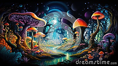 enchanted garden transformed into a psychedelic dreamscape, with glowing flora and a vivid symphony of colors by AI generated Stock Photo