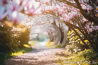 Dream like magnolia blossom path with natural sunlight Stock Photo