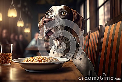 AI generated English pointer dog in dog friendly restaurant Stock Photo